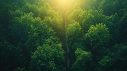 Wall Mural - Aerial view of a lush green forest with sunlight shining through the trees.