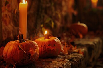 Canvas Print - A group of pumpkins sit next to a lit candle, creating a warm and cozy atmosphere