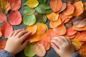 Child's hands arranging colorful autumn leaves, fall crafts for kids, creative nature play, autumn activities for children, sensory play with leaves, fun and educational autumn art