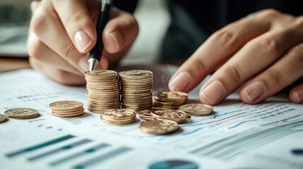 Determining Financial Success: A Close-Up View of Stacked Coins and Financial Reports