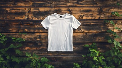 Wall Mural - A plain white t-shirt displayed against a wooden backdrop.