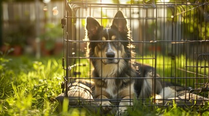 Wall Mural - A dog is laying in a cage in a grassy area