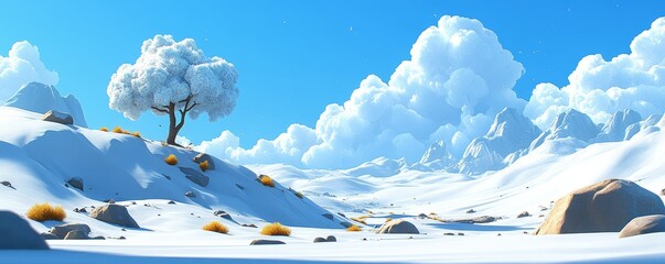 A serene winter landscape showcases a lone tree amidst snow-covered hills and fluffy clouds against a bright blue sky.