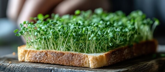 A single slice of bread topped with fresh microgreens sits on a rustic wooden surface.