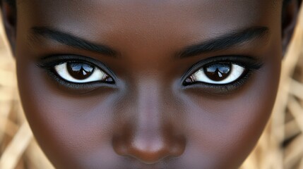 Poster - A woman's face with brown skin and black eyes. The eyes are open and staring. The nose is slightly crooked