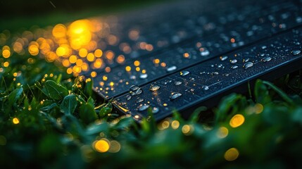 Canvas Print - Close-up of a solar panel covered in raindrops with blurred lights in the background.