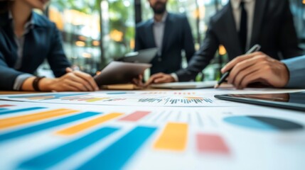 Wall Mural - A group of diverse financial analysts collaborating around a table, discussing strategies while reviewing a large printed financial graph, emphasizing teamwork and critical thinking.