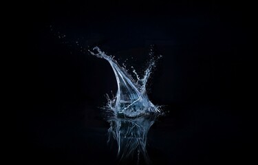 Fototapete - A splash of water freezes in mid-air, creating a dramatic and abstract shape. The water droplets are illuminated by a light source, and the background is black.