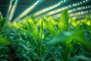 Wall Mural - Lush green corn plants growing in a greenhouse under LED lights.