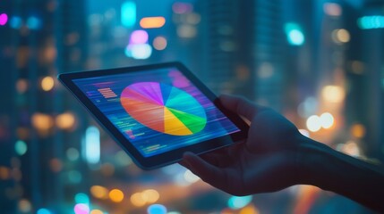 Poster - A hand holding a tablet displaying a colorful 3D pie chart, with a blurred cityscape in the background, representing the integration of technology and finance in modern decision-making.