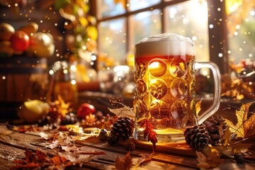 Poster - A glass of beer sits on a wooden table, ready for a drink