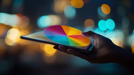 Poster - A hand holding a tablet displaying a colorful 3D pie chart, with a blurred cityscape in the background, representing the integration of technology and finance in modern decision-making.