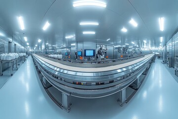 Sticker - A wide shot of a clean, modern factory with a long conveyor belt running through the center. The belt is surrounded by machinery, and there are white bags on a table in the background.