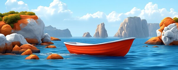 A vibrant red boat floats peacefully in a serene blue ocean, surrounded by rocky cliffs and a clear, sunny sky.