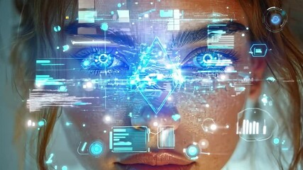 Fototapete - A woman gazes intently as digital elements float around her, illustrating a captivating interaction with augmented technology in a contemporary environment.