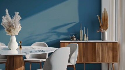 Poster - A formal dining room with a large marble table and white chairs