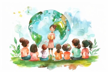 Poster - A group of children studying the world on a globe, learning about geography and cultures