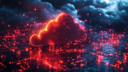 Poster - Glowing red cloud symbol over a city skyline made of data and technology with dark blue and red light accents.