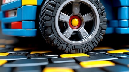 Close-up of a colorful toy vehicle tire on a patterned surface, showcasing detailed design and vibrant colors.