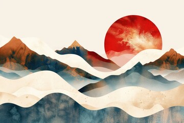 Wall Mural - A majestic scene with a bright red sun setting behind a mountain range