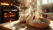 © วรรณภา มะโนศรี - A picturesque shot of freshly baked bread coming out of the oven, with steam wafting up and a rustic kitchen setting, capturing the essence of baking at home