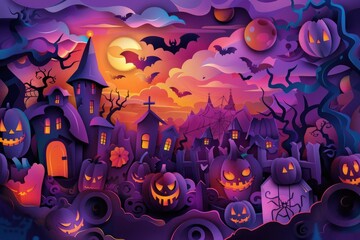 Poster - A spooky Halloween scene with pumpkins and bats flying in the sky