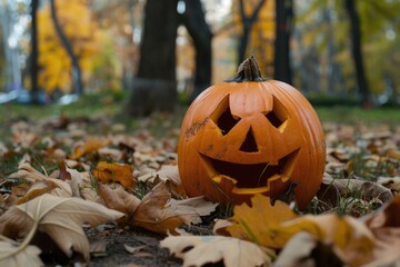 Sticker - A carved pumpkin sits amidst fallen autumn leaves, perfect for harvest-themed scenes