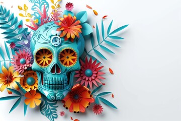 Wall Mural - A sugar skull decorated with flowers and leaves, suitable for Day of the Dead or Halloween celebrations