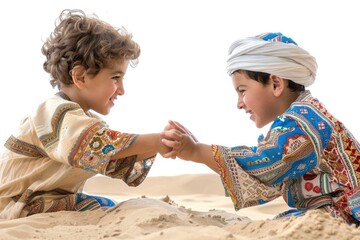 Wall Mural - Two young boys having fun in a sandy beach environment