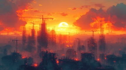 Sticker - A fiery sunset casts an orange glow over a cityscape, with construction cranes silhouetted against the sky, creating an apocalyptic aesthetic.