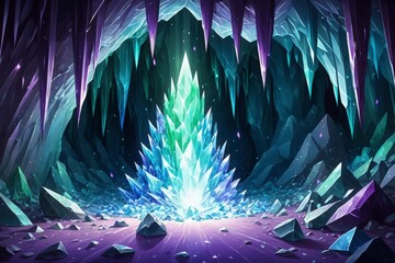 Wall Mural - a large crystal tree is surrounded by rocks and ice. the scene is dark and mysterious, with the crys