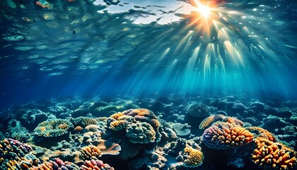 Wall Mural - Ethereal Underwater Landscape Illuminated by Sunlight with Lush Coral Reefs and Breathtaking Marine Life