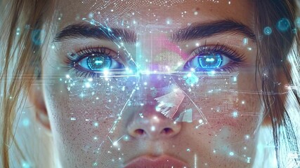 Poster - The woman displays captivating holographic projections on her face while gazing ahead, merging technology with human expression in a vivid presentation.