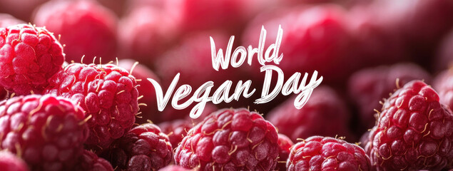 Wall Mural - White handwriting letters “World Vegan Day” over red raspberry blurred background