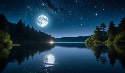Wall Mural - a large full moon is reflected in the calm water of a lake. the scene is serene and peaceful, with t