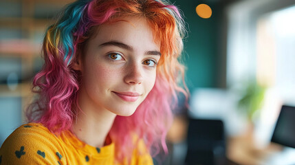 A young woman with colorful hair actively participating in a remote team meeting, showcasing diversity in the workplace. Highlighting the benefits of remote work culture