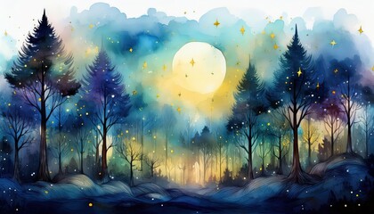 Mysterious Forest with Sparkling Stars Above