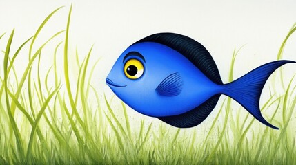 Wall Mural - Colorful Cartoon Fish Swimming in Green Grass