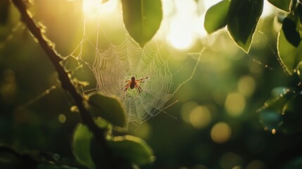 A spider sitting in its web spun between two leaves, waiting patiently for prey, with soft morning light filtering through the trees.