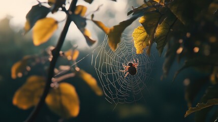 A spider sitting in its web spun between two leaves, waiting patiently for prey, with soft morning light filtering through the trees.