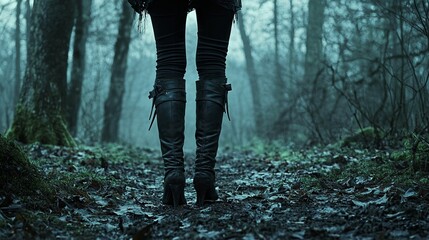 A gloomy crooked forest with a girl in high boots, black trousers and a leather belt