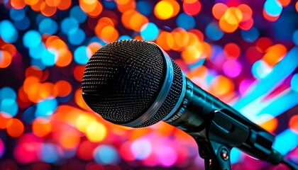 Vibrant Close-Up of Microphone Illuminated by Colorful Lights on Stage, Capturing the Energy of Karaoke, Music Concerts, and Live Performances