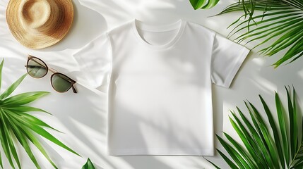 Wall Mural - A flat lay of a white t-shirt, sunglasses, and hat.