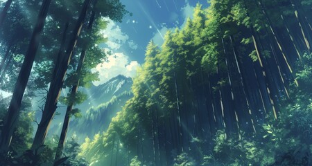 A lush green forest with tall trees and a mountain peak in the distance. The sun shines through the trees, creating a warm and inviting atmosphere.