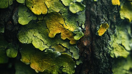 Canvas Print - Close-up of Green and Yellow Lichen on Tree Bark