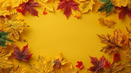 Wall Mural - A yellow background with a frame of autumn leaves