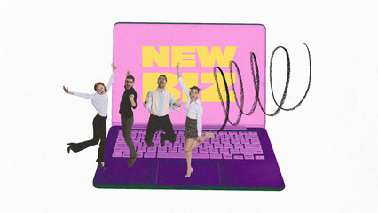 Wall Mural - Four colleagues jumping in joy in front of giant laptop displaying New Biz, representing teamwork and energy behind launching digital business startup. Contemporary art collage. Concept of progress