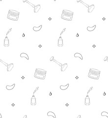 line art seamless pattern products on white background for skin care. beauty products for beauty sal