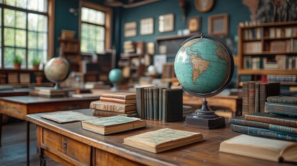 Canvas Print - A vintage classroom with a globe, books, and desks.