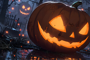 Illustration of a scary Halloween pumpkin with burning eyes